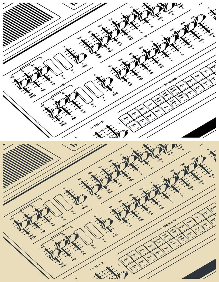 Analog synthesizer close up illustrations vector