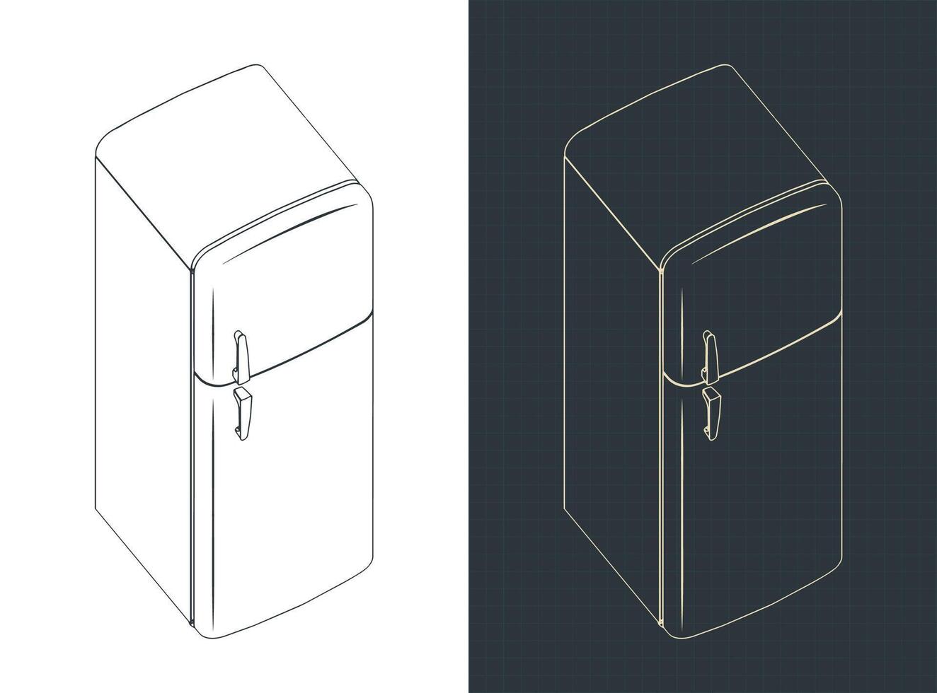 Retro refrigerator isometric blueprints vector
