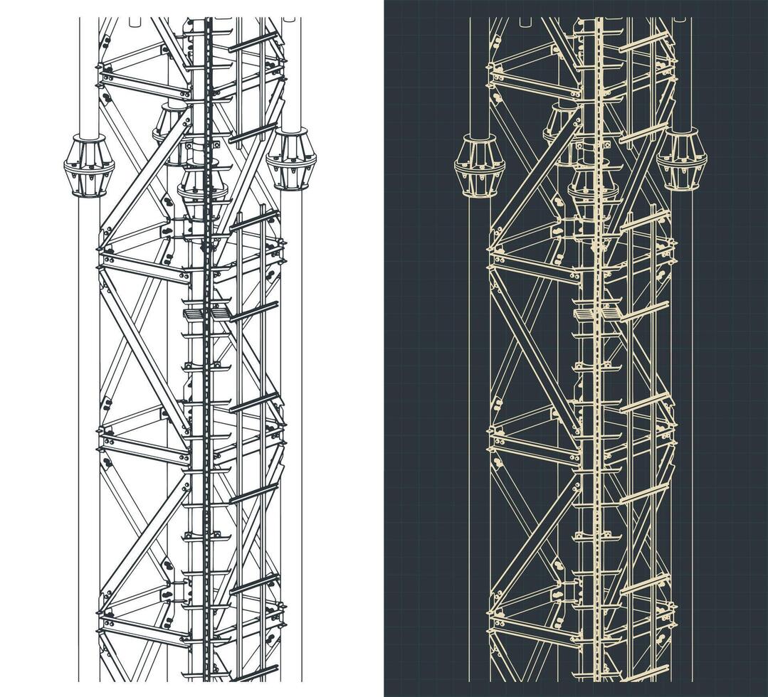 Cell tower supports isometric drawings close-up vector