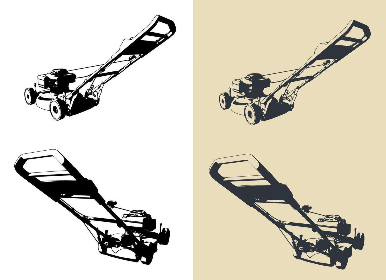 Hand push self-propelled lawn mower illustrations vector