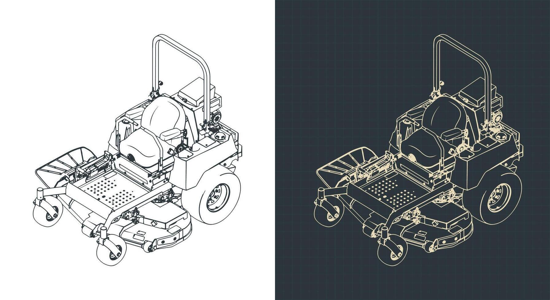 Riding zero-turn mower isometric blueprints illustrations vector