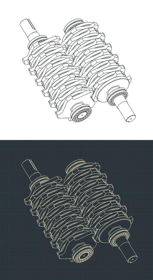 Two shaft shredder blades isometric blueprints vector