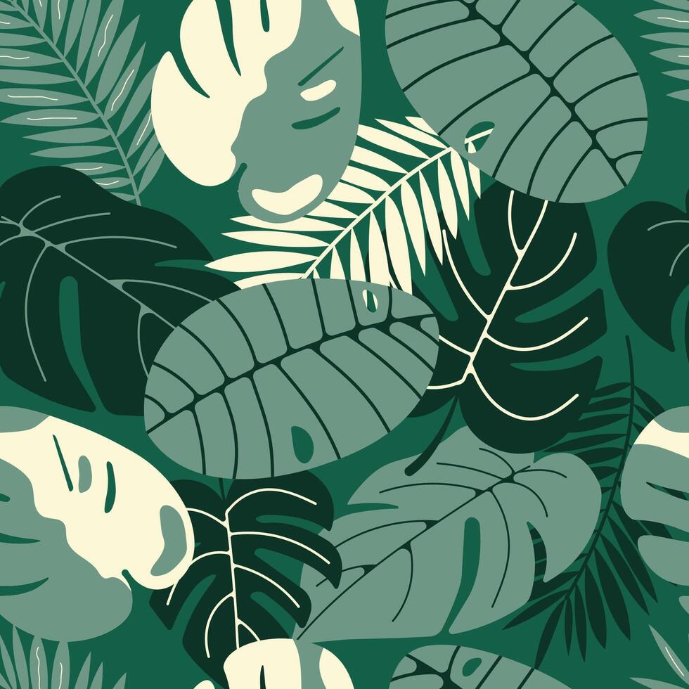 Lush tropical foliage seamless pattern with palm and monstera leaves for digital backgrounds and web design. illustration vector