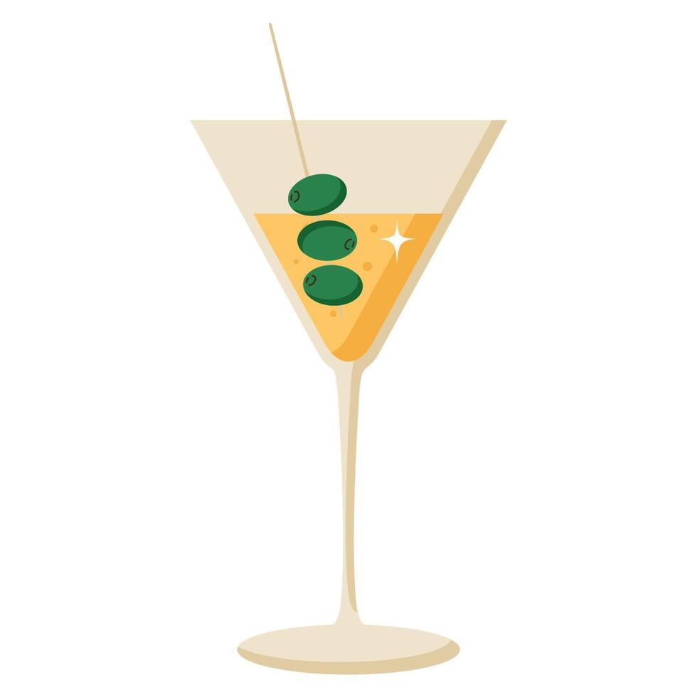Retro summer cocktail martini in glass with olives. Flat illustration on white background vector