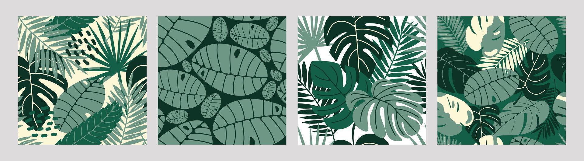 Seamless tropical palm leaf pattern for fabric, textile and fashion design with monstera and banana leaves on different backgrounds. illustration set vector