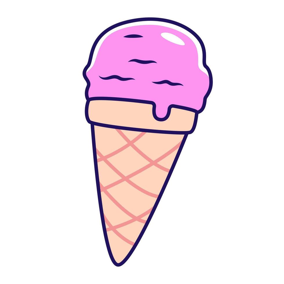 A scoop of melting strawberry ice cream in a waffle cone, illustration. vector