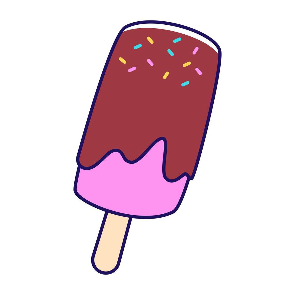 A refreshing chocolate-dipped ice pop adorned with colorful sprinkles, a delightful treat. vector
