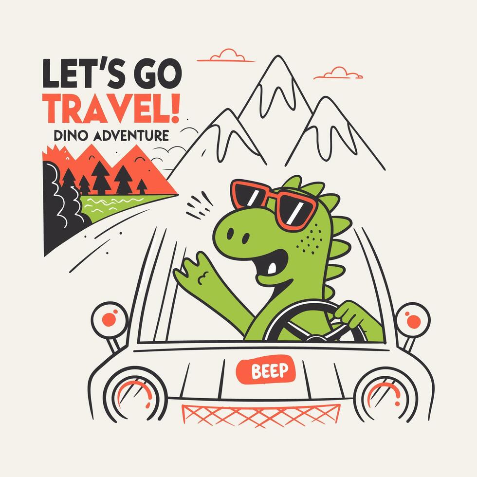 Playful illustration of a dinosaur in sunglasses driving a car through mountains vector