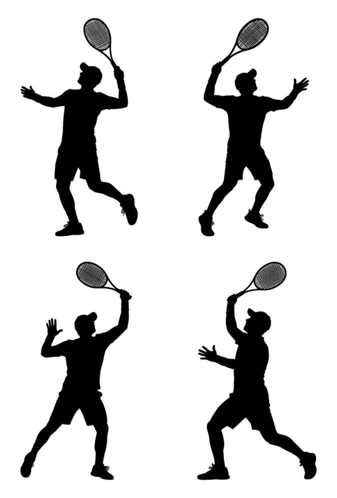 Set of male tennis player action silhouettes with rackets vector