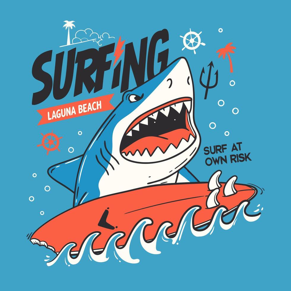 Humorous surfing illustration with a shark and surfboard on waves vector