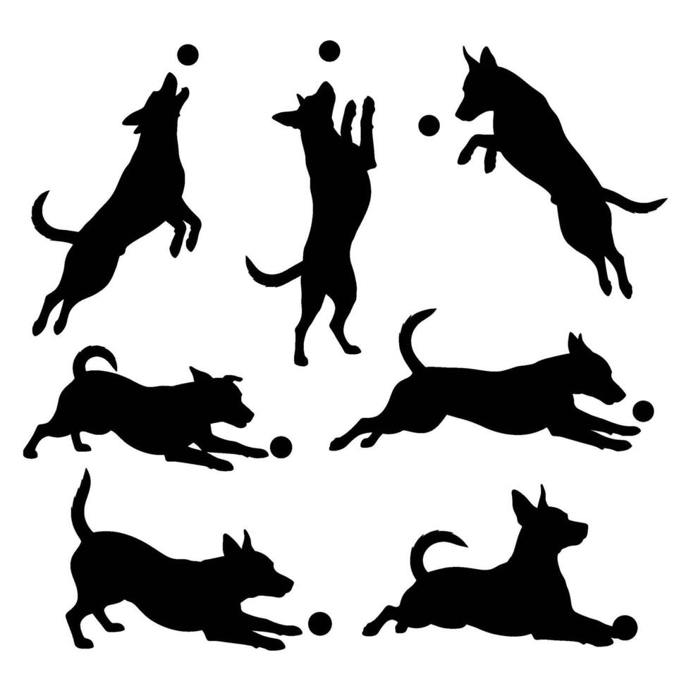 Diverse dog poses captured as silhouettes, focused on playful interaction with a ball vector