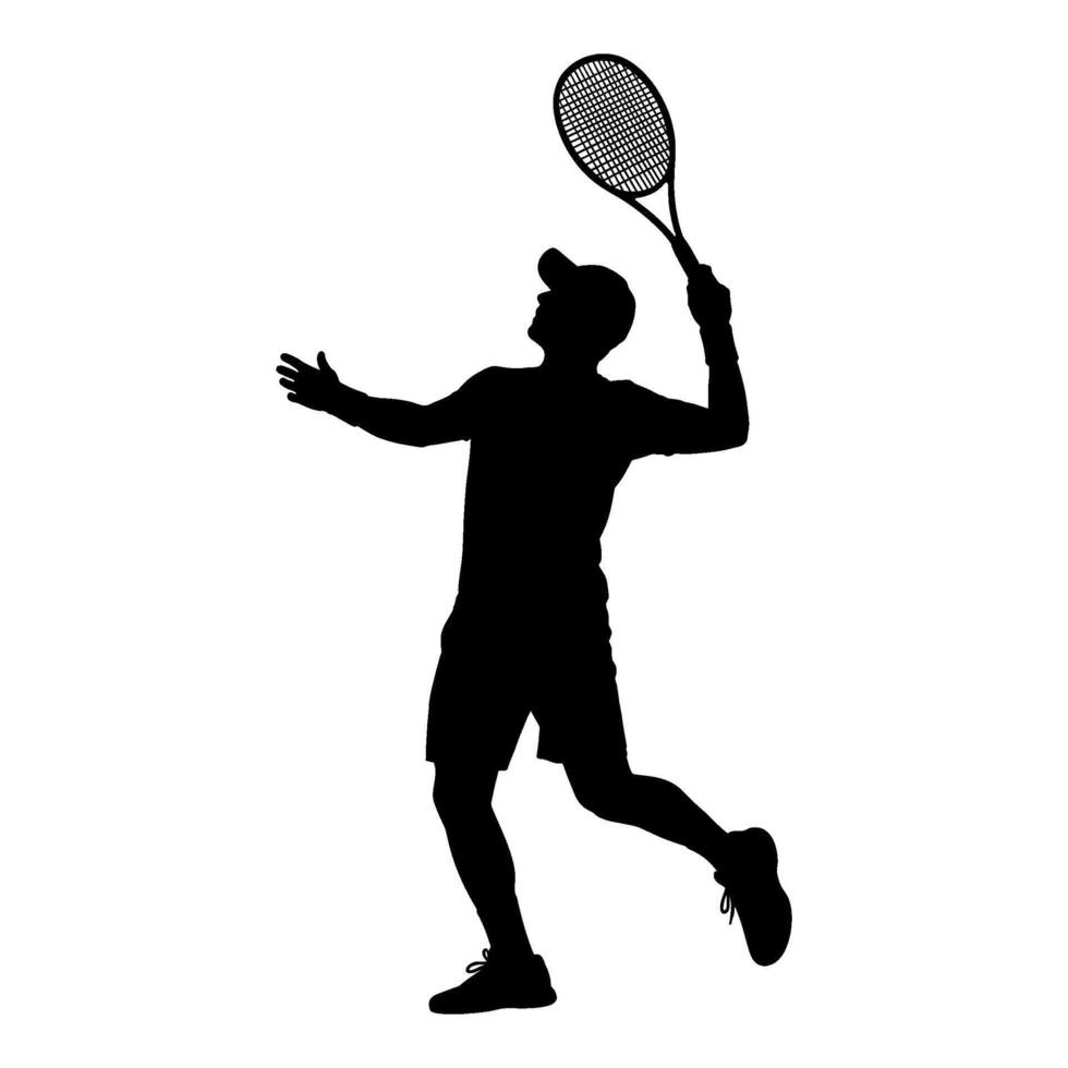 Dynamic silhouette of a tennis player hitting an overhead shot or serve vector
