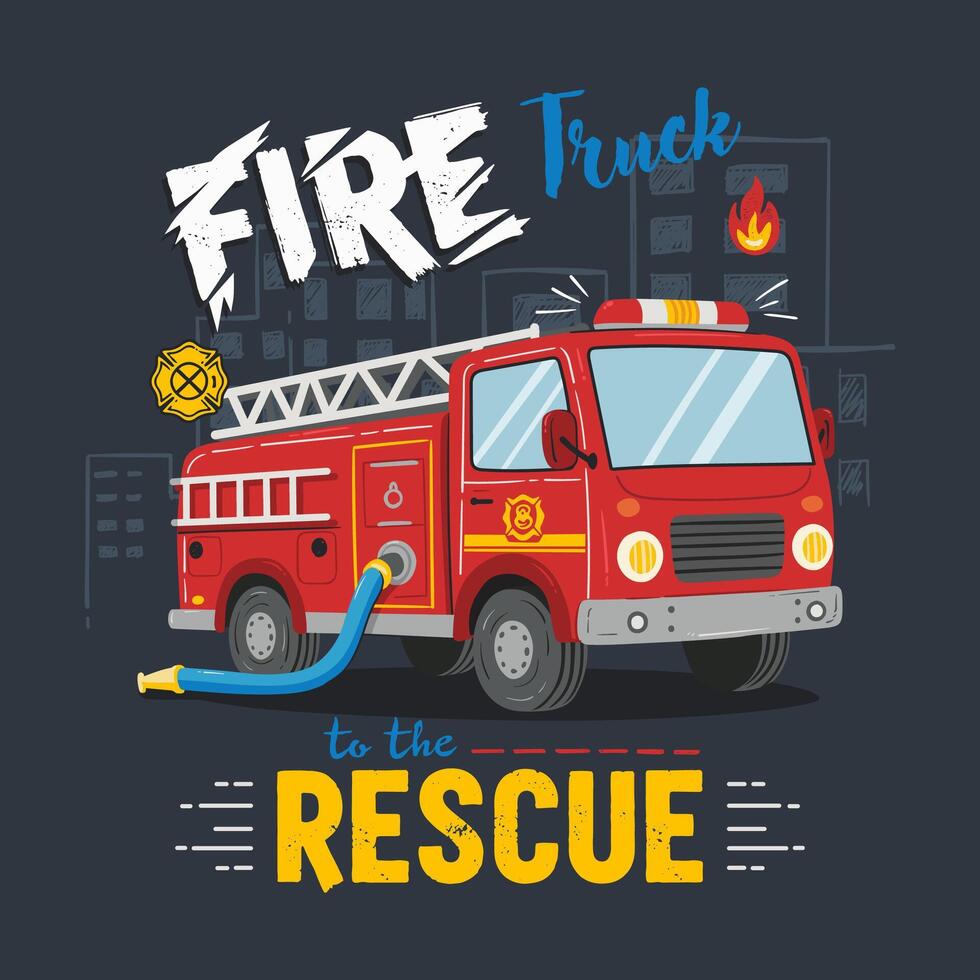 Illustration of a classic red fire truck with a ladder and hose, ready for action vector