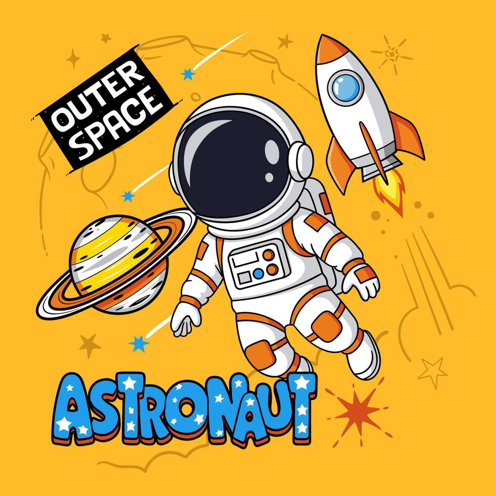 Cute cartoon astronaut floating in space with a rocket and planet vector