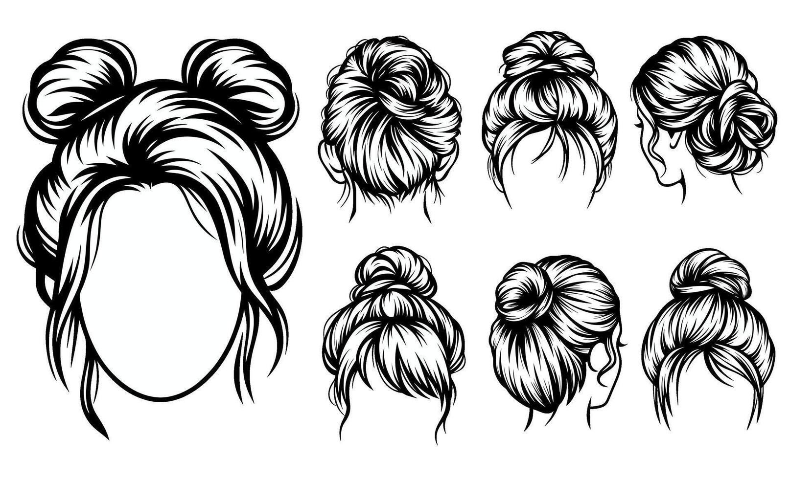 Set of various messy bun hairstyles in line art vector