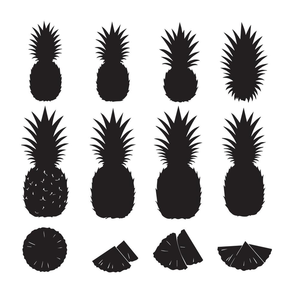 Pineapple set, white background, silhouette style vector