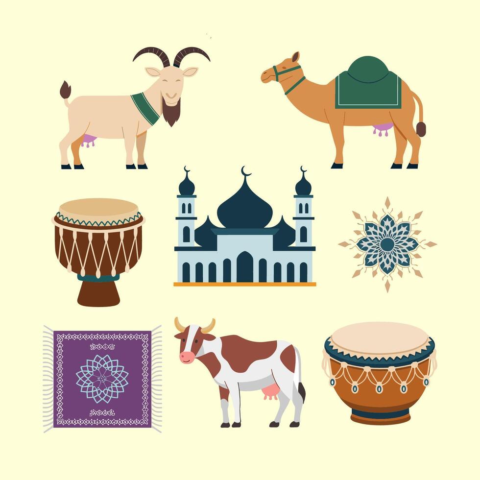 Flat eid al-adha set with animals vector