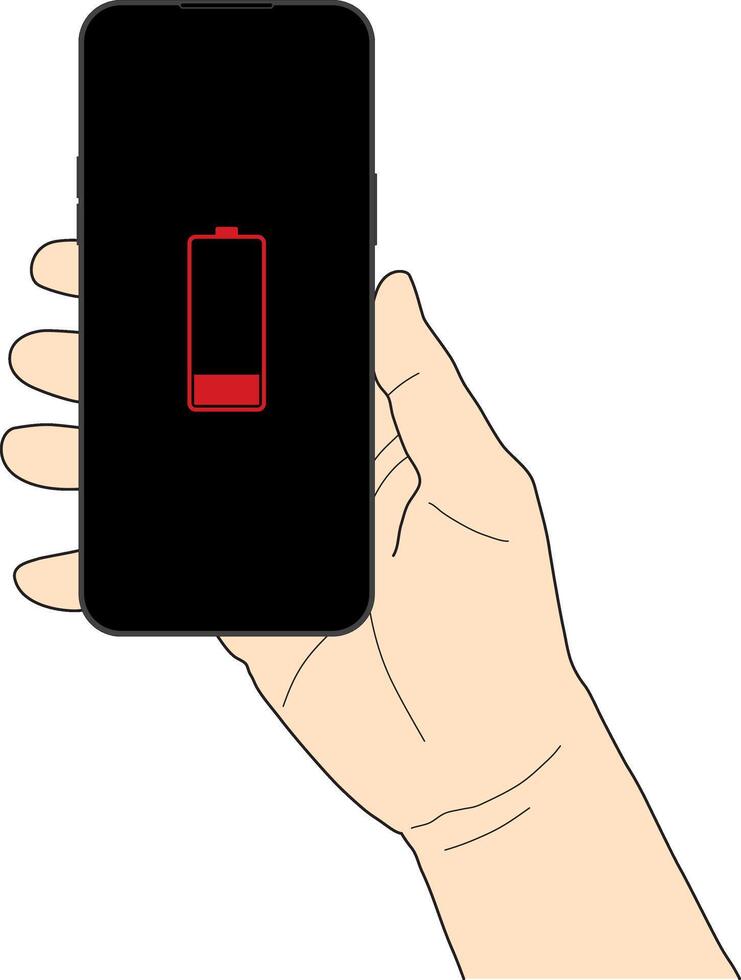 illustration of a right hand holding a smartphone displaying a low battery icon red color. Concept of low power device, energy efficiency, mobile technology, and power management. vector