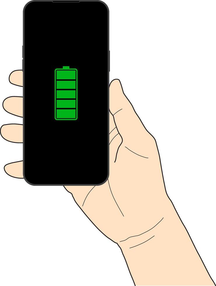 illustration of a right hand holding a smartphone displaying a full green battery icon. Concept of fully charged device, energy efficiency, mobile technology, and power management. vector