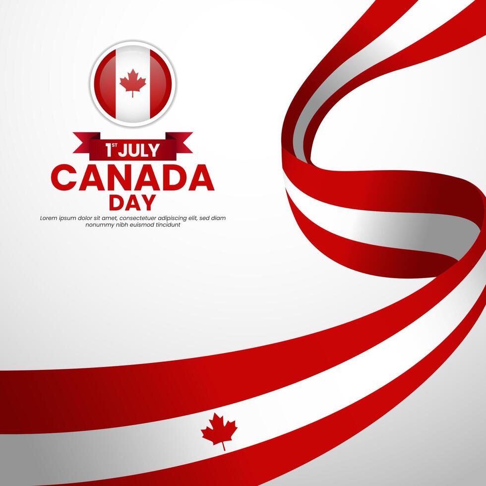 Canada day greeting card, square banner background with waving ribbon flag vector