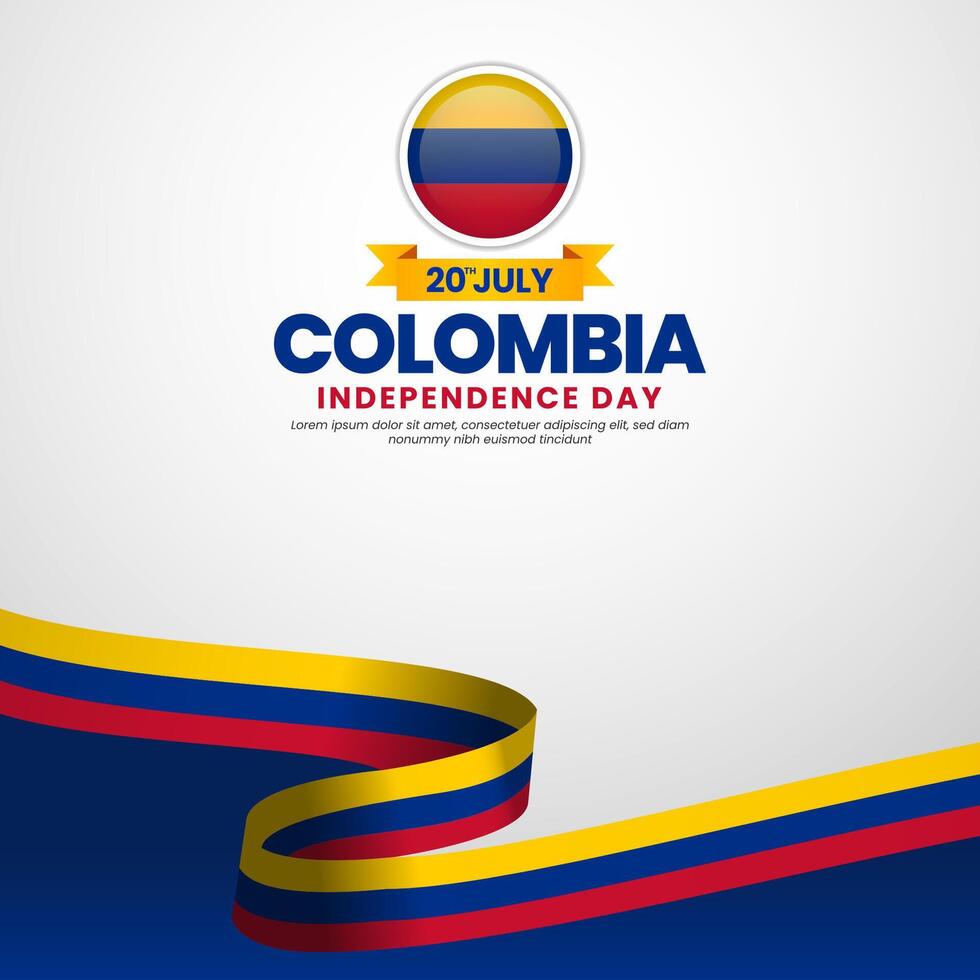 Colombia independence day greeting card, square background with waving ribbon flag vector