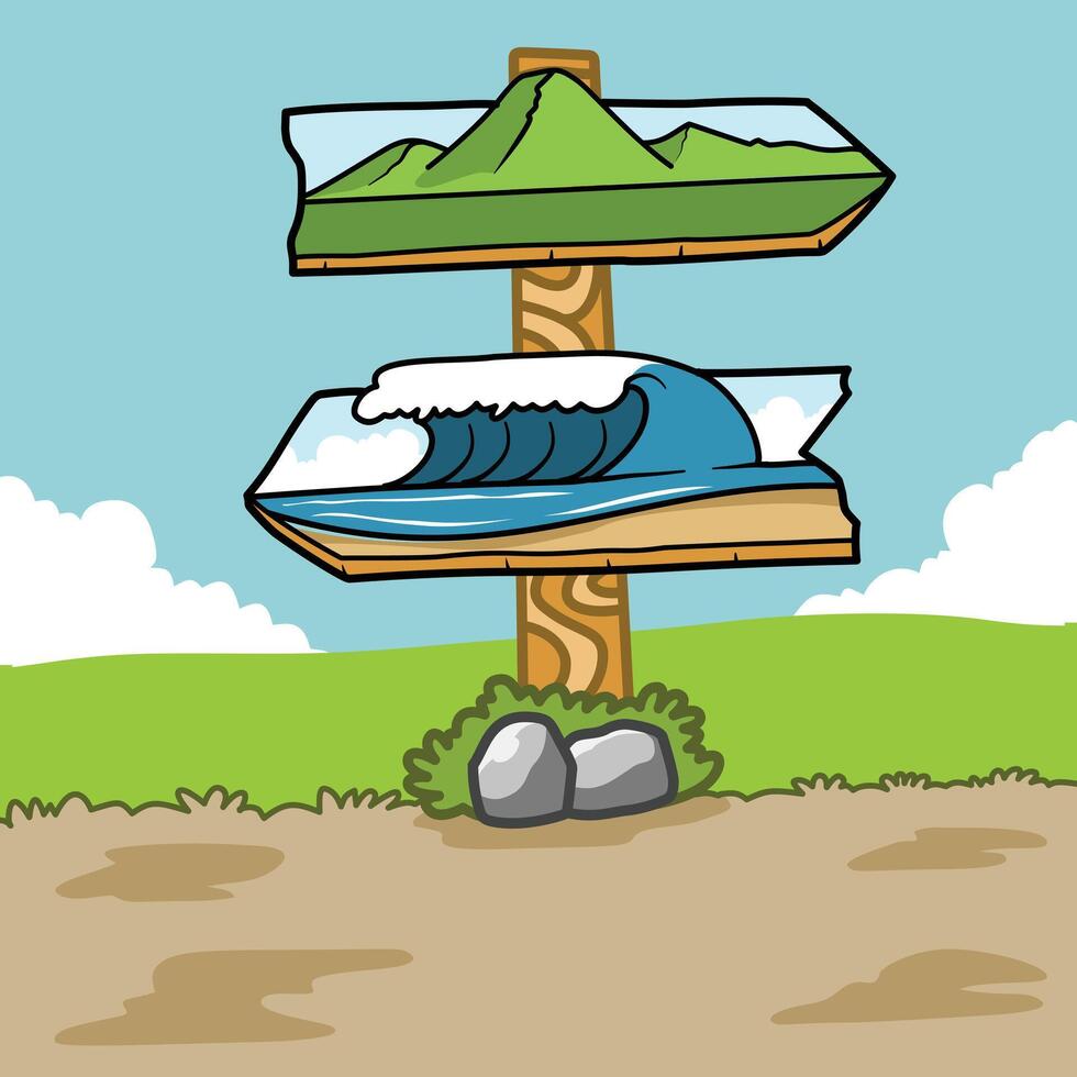 Directional sign with illustration pointing to the sea and mountains, flat illustration for summer vector