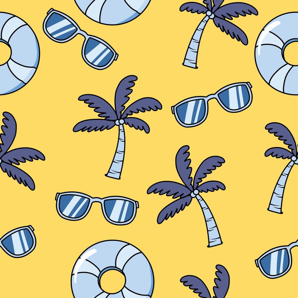 Summer Elements Seamless Pattern, Sunglasses Palm Trees And Swimming Rings On Light Beige Background vector