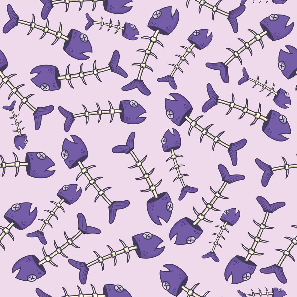 Seamless pattern with purple fish skeleton in flat style, on light purple background, suitable for print and wallpaper vector