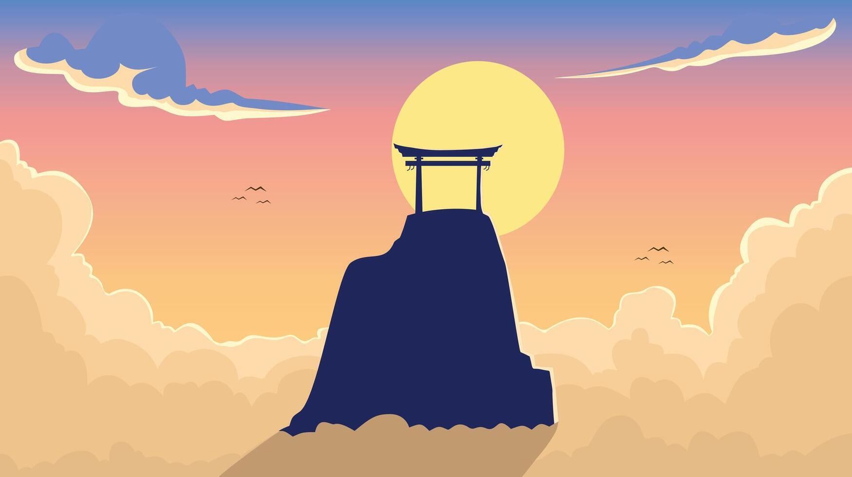 A traditional Japanese torii gate sits atop a mountain silhouette against a vibrant sunset and clouds vector