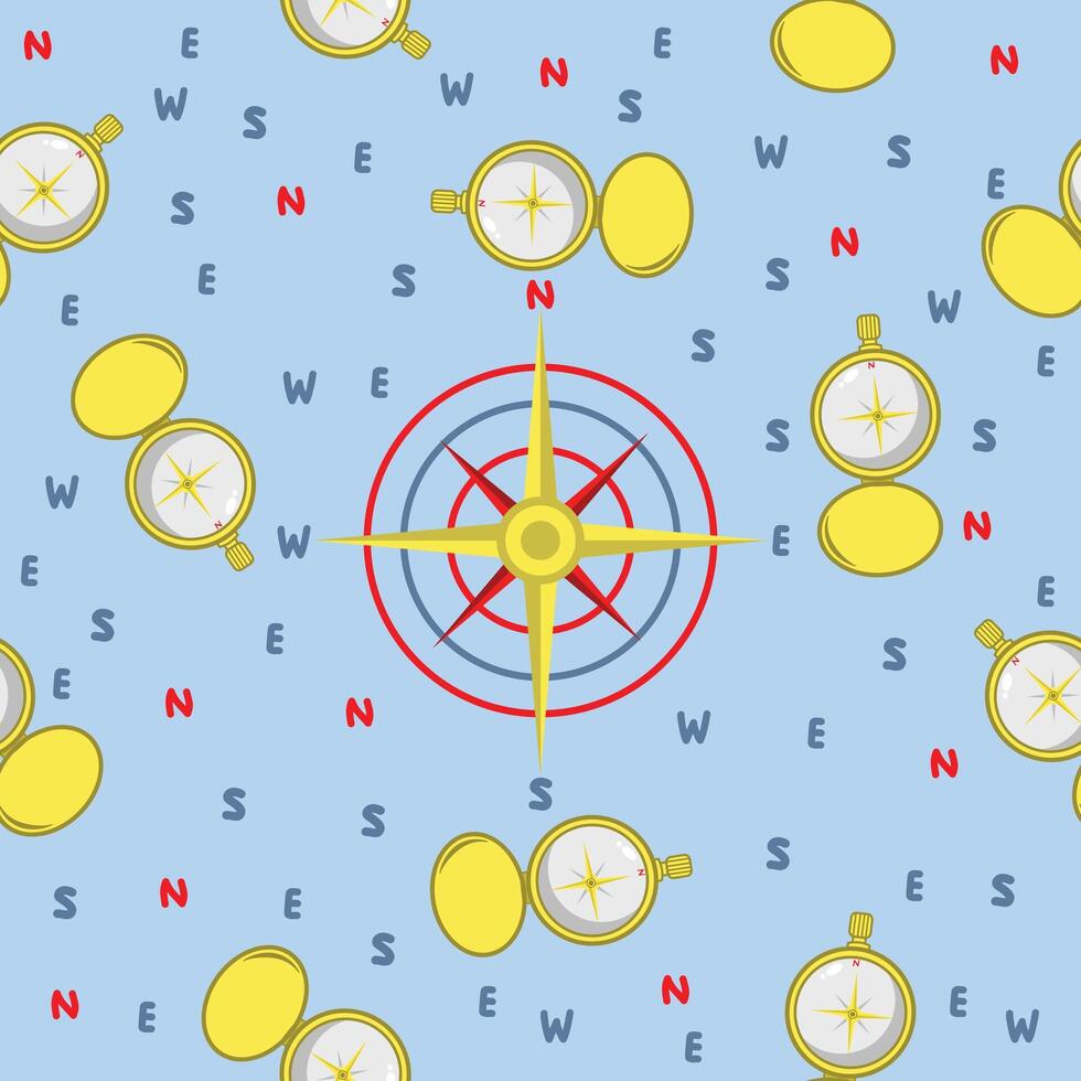 Cute cartoon seamless pattern with compass and cardinal directions on blue background vector