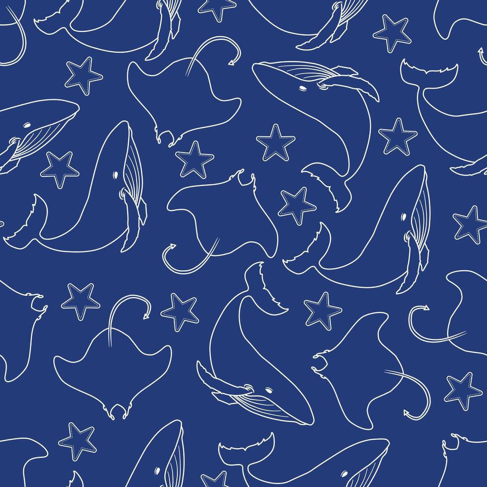 A seamless pattern featuring white outlines of whales, stingrays, and starfish on a dark blue background vector