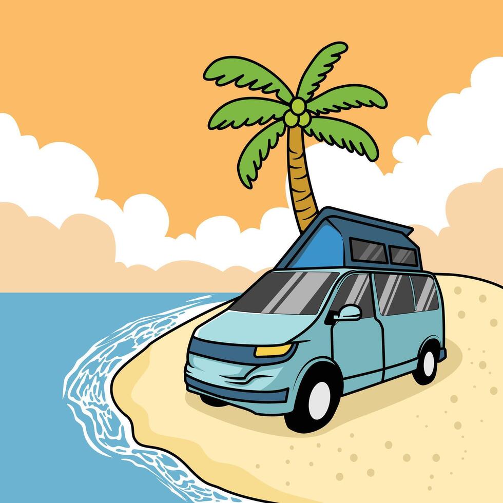 illustration of a van with a small tent parked on the beach, illustration in flat style for summer vector