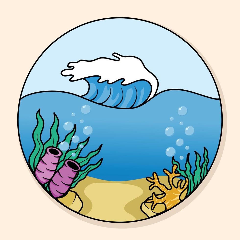 A cartoon underwater scene with a wave, coral, seaweed, and bubbles in a circular frame vector