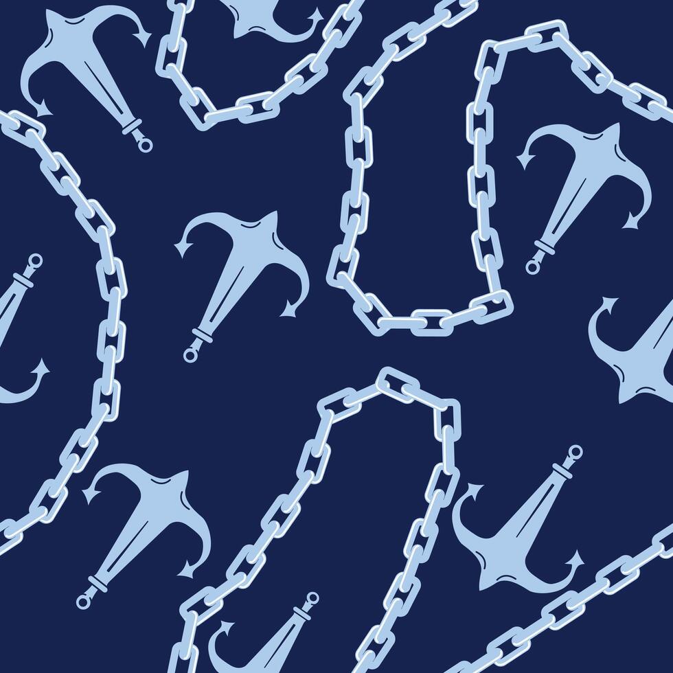 seamless Pattern Featuring Light Blue Anchors And Chains On A Dark Blue Background vector