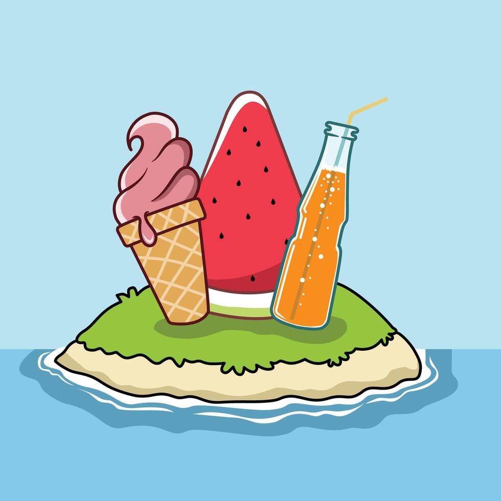 ice cream, watermelon and drinks on the island, illustration for summer vector