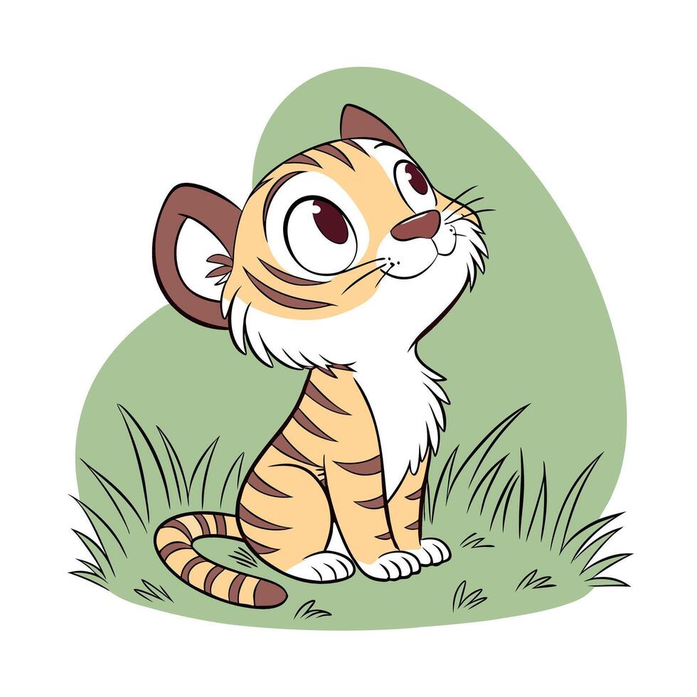 Cute cartoon baby tiger looking up isolated on white background vector