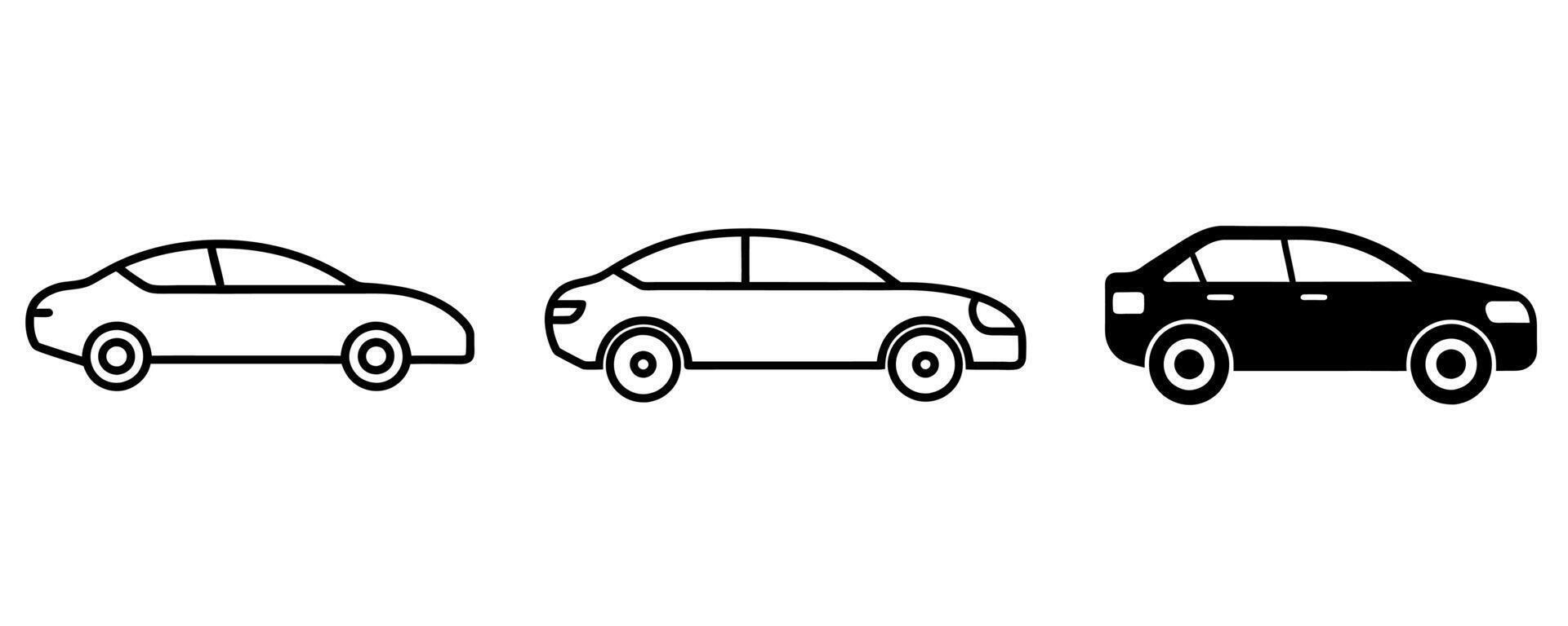 Three car icons outline filled and solid isolated on white background vector