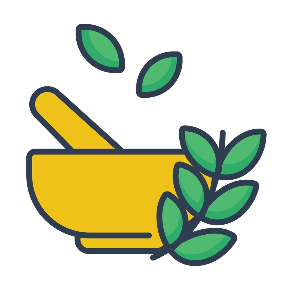 Bowl and leaves flat icon, symbolizing traditional Chinese medicine, herbal remedies, natural healing, or holistic wellness. vector