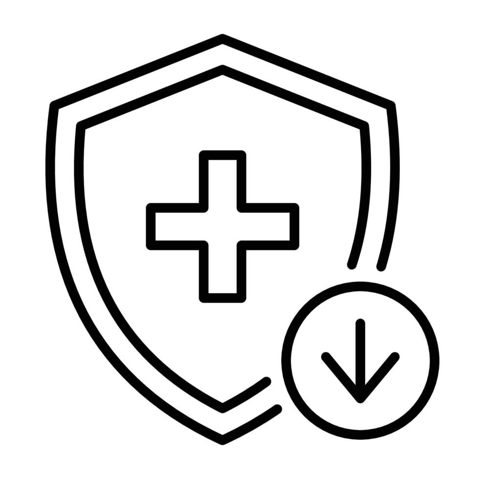 Low immunity icon, showing a shield with a cross mark and a downward arrow, symbolizing weak immune system and vulnerability to illness vector