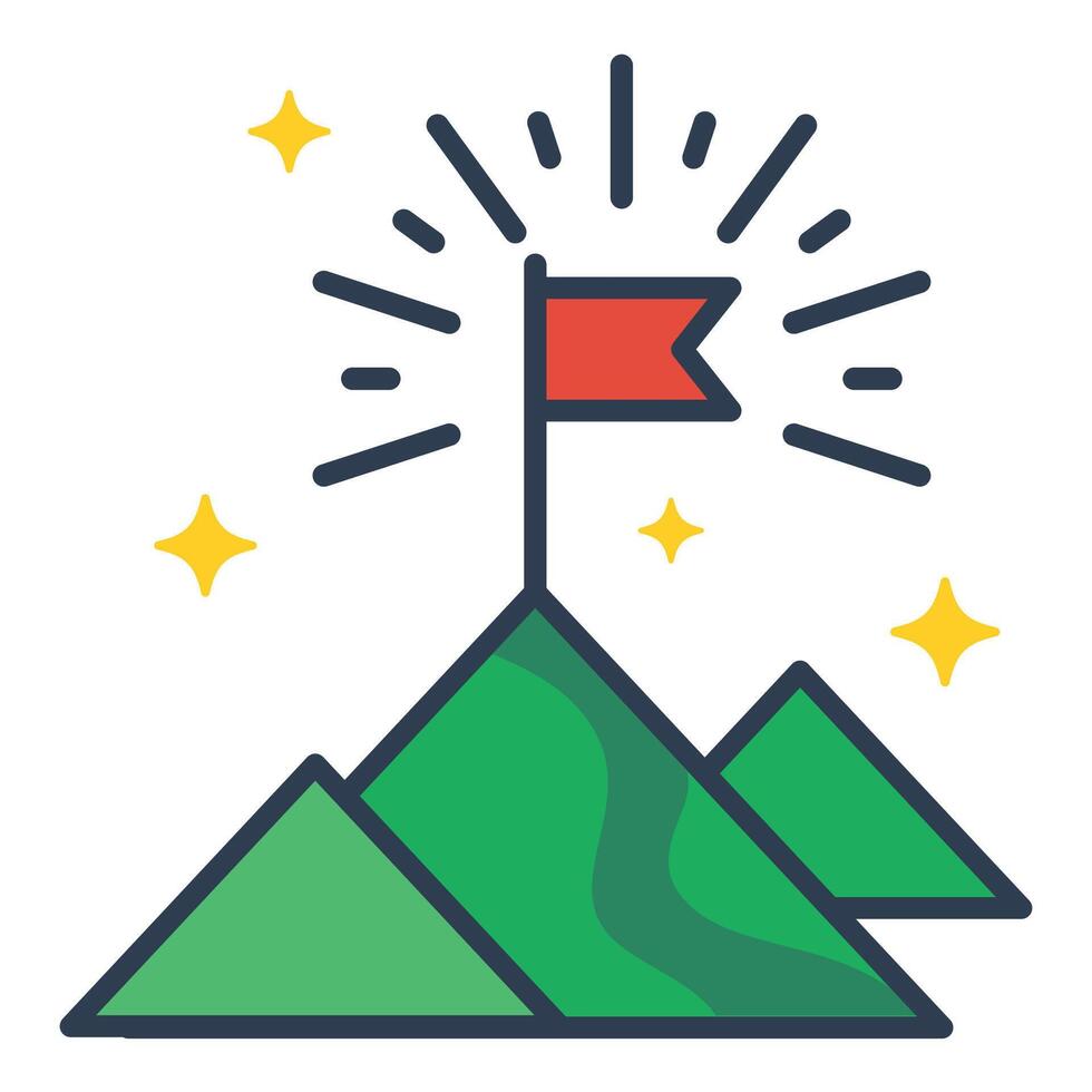 Planting flag on mountain flat icon, symbolizing personal achievement, ambition, and vision vector