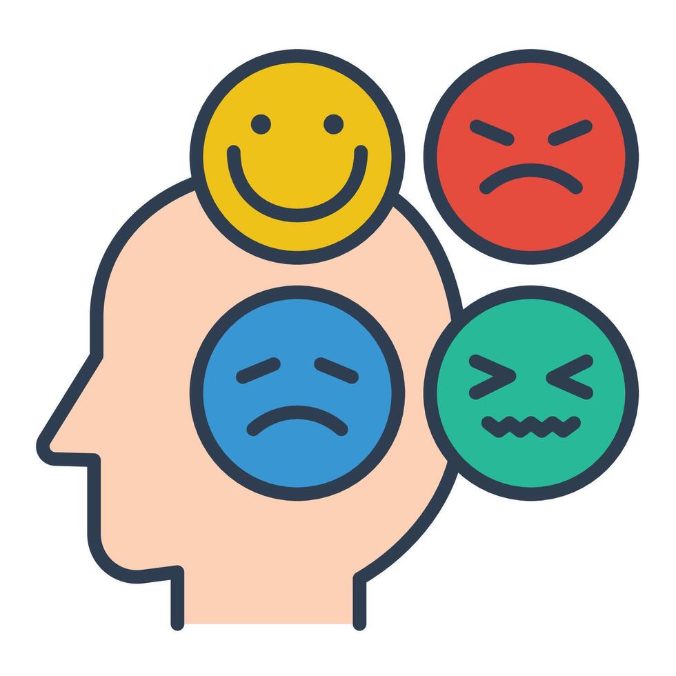 Emotion Regulation flat icon, featuring a human head with emotion emojis vector