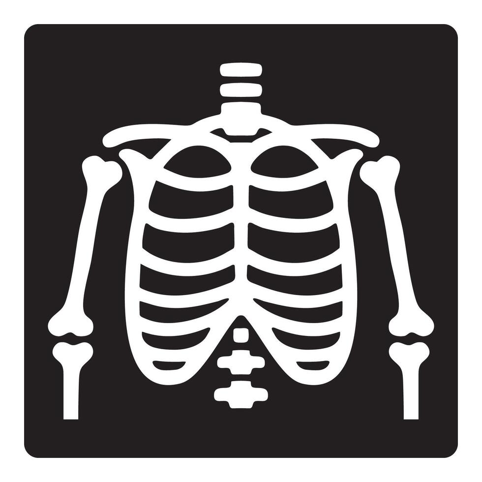 X-ray icon showing the skeleton of the upper human body, representing medical imaging and diagnostics. Symbolizes healthcare, bone structure, radiology, and clinical examination vector