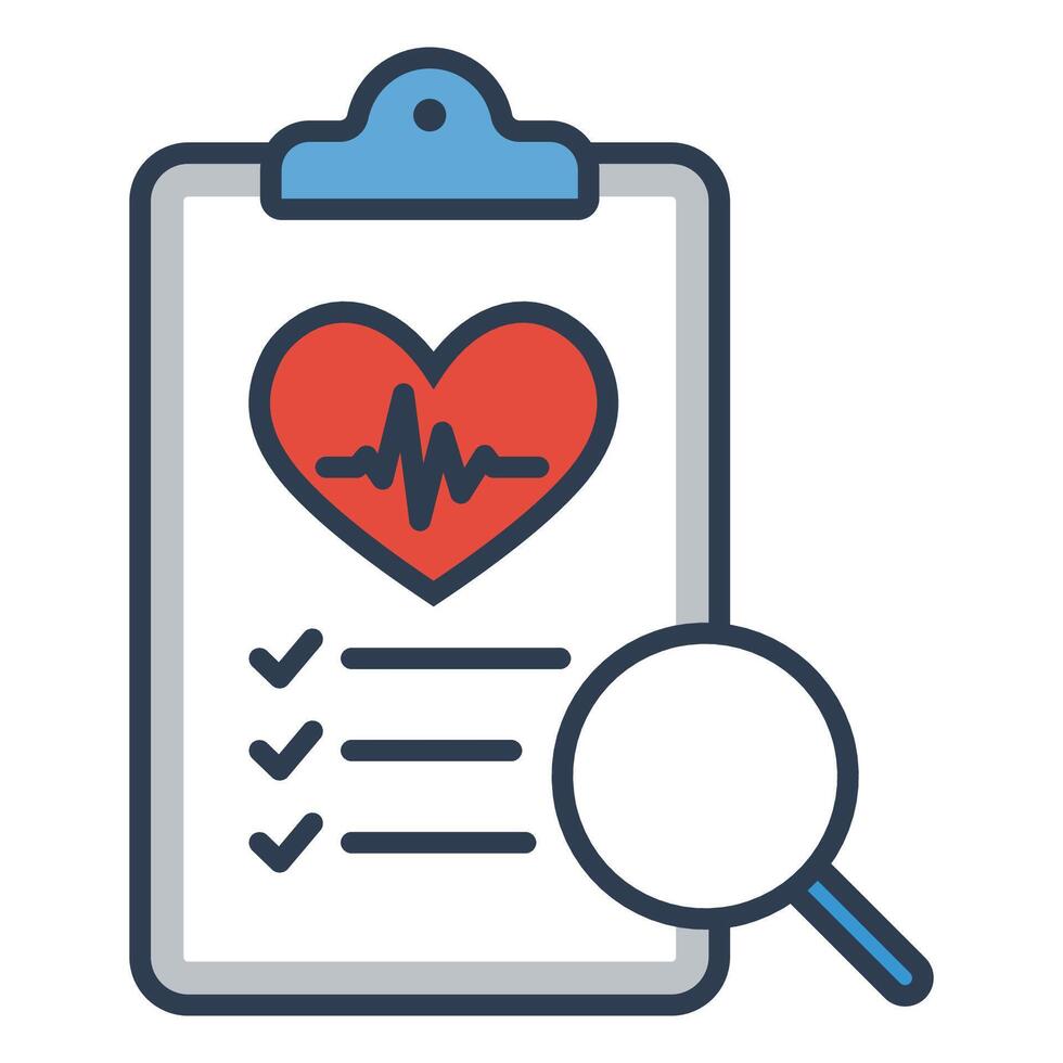Medical document with magnifying glass flat icon, representing body checkup and screening vector
