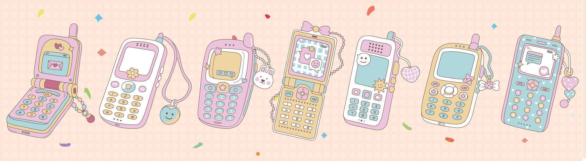 Kawaii Vintage Cartoon Mobile Phones Collection - Cute Y2K Retro Cell Phone Icons in Pastel Colors Illustration vector