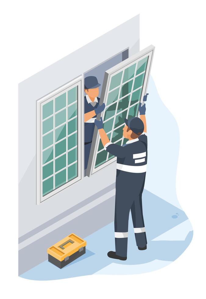 Window installer sealing glass panels on modern residential building with teamwork precision and professional tools for home renovation vector