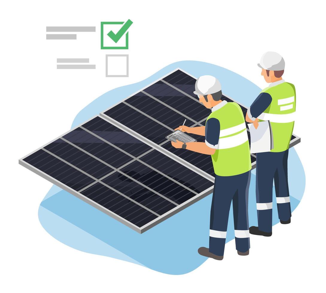 Engineers inspecting solar panels during quality audit to ensure energy efficiency and compliance with industrial renewable energy standards vector