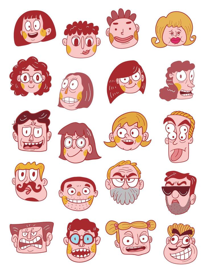 Funny Cartoon Face Expressions Collection, Cute Character Avatars with Various Emotions like smiling, angry and surprised Illustration Set vector