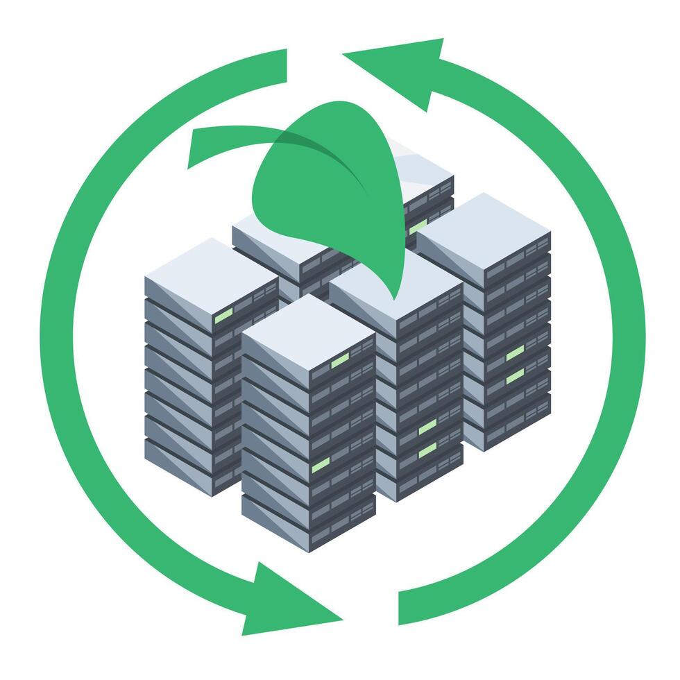 Eco friendly data center with green energy concept showing server racks surrounded by recycling arrows and a leaf symbol for sustainable technology vector