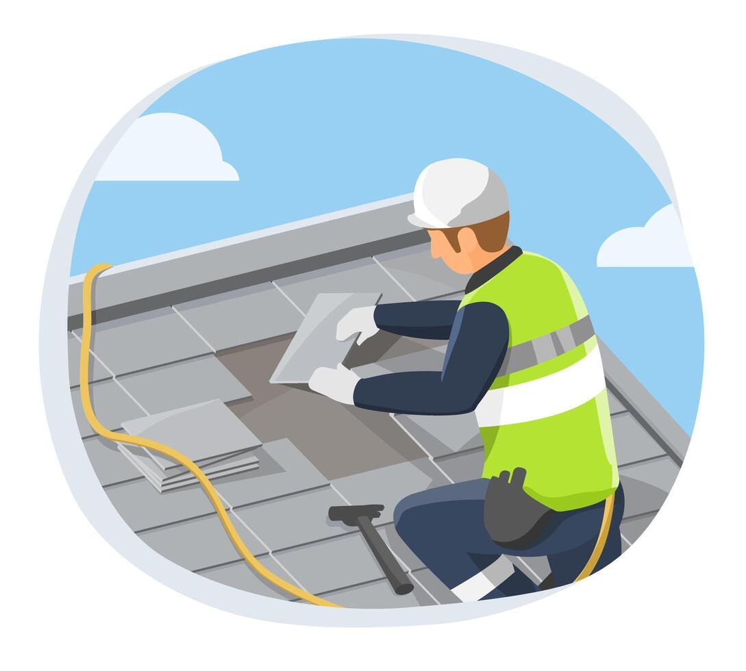 Professional roof repair service technician installing new shingles on a residential building under clear blue sky for home maintenance and safety vector