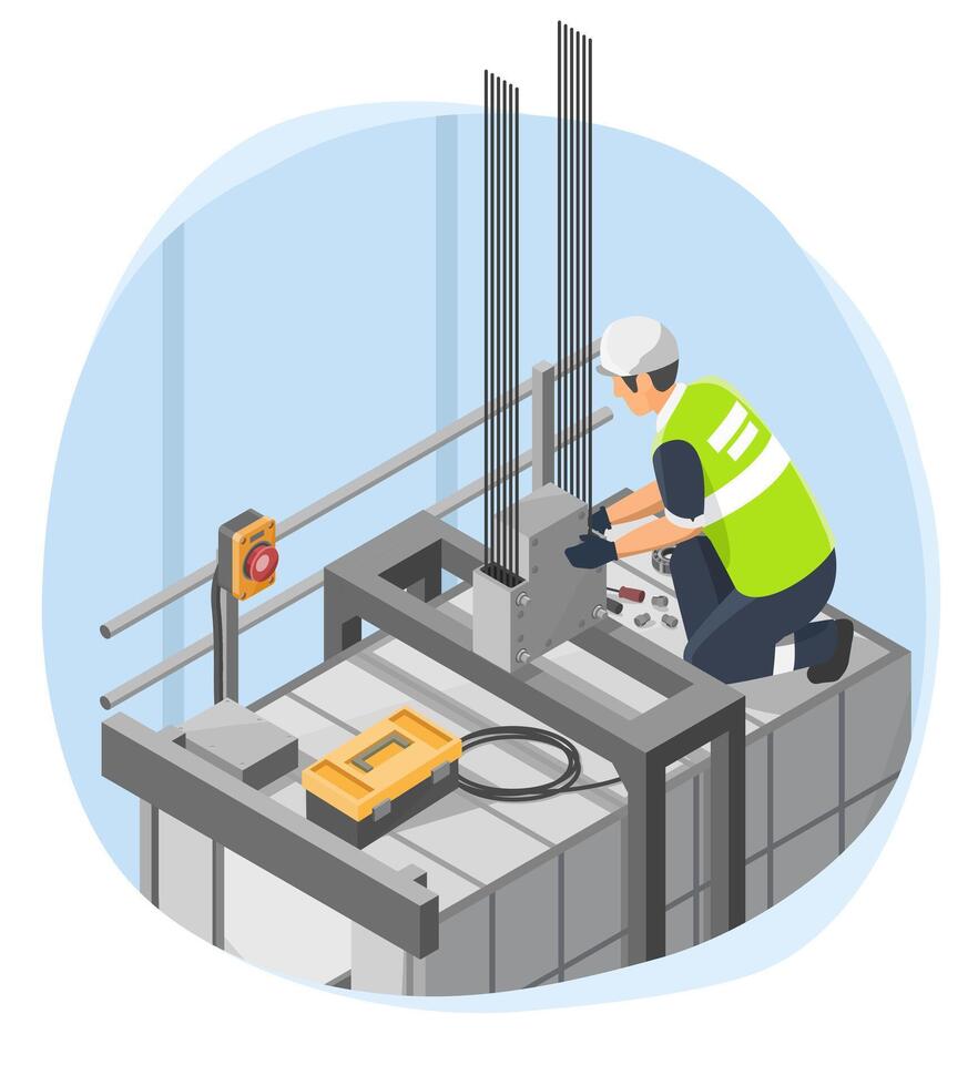 Technician performing elevator system maintenance on top of lift cabin inside building shaft to ensure mechanical functionality and operational safety compliance vector